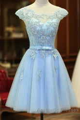 Light Blue Cap Sleeves Tea Length Vintage Style Formal Dresses, Blue Homecoming Dresses